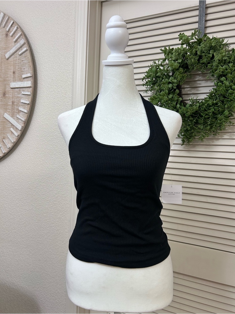 American Eagle Outfitters Black Ribbed Halter Tank Top